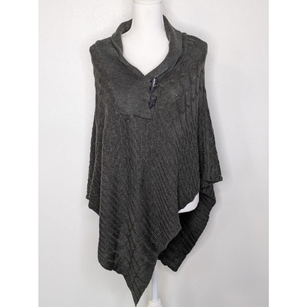 Say What? Poncho Sweater Gray Knit V Neck Casual One Size